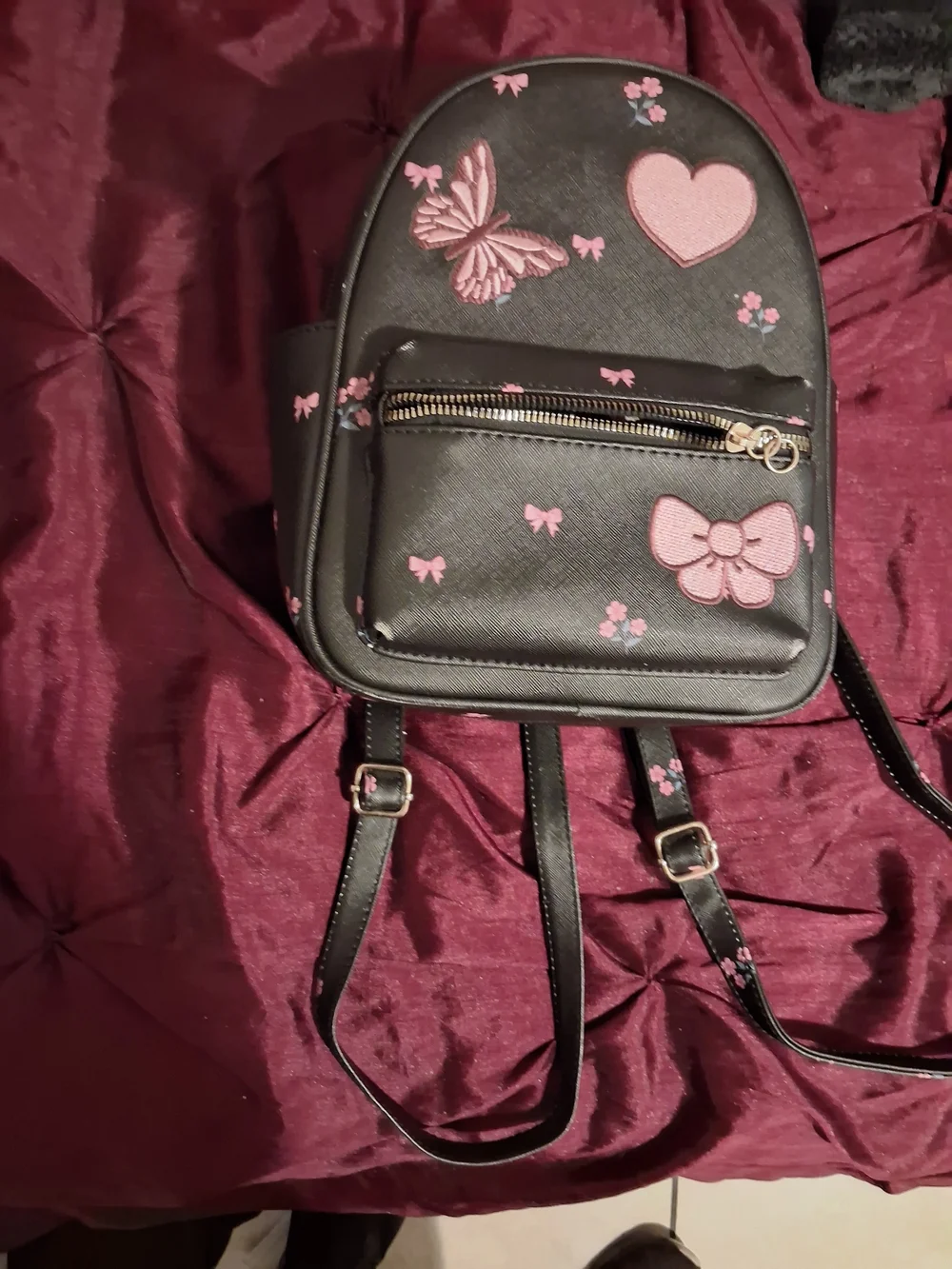 Black Mini Backpack with Pink Heart & Butterfly Embroidery